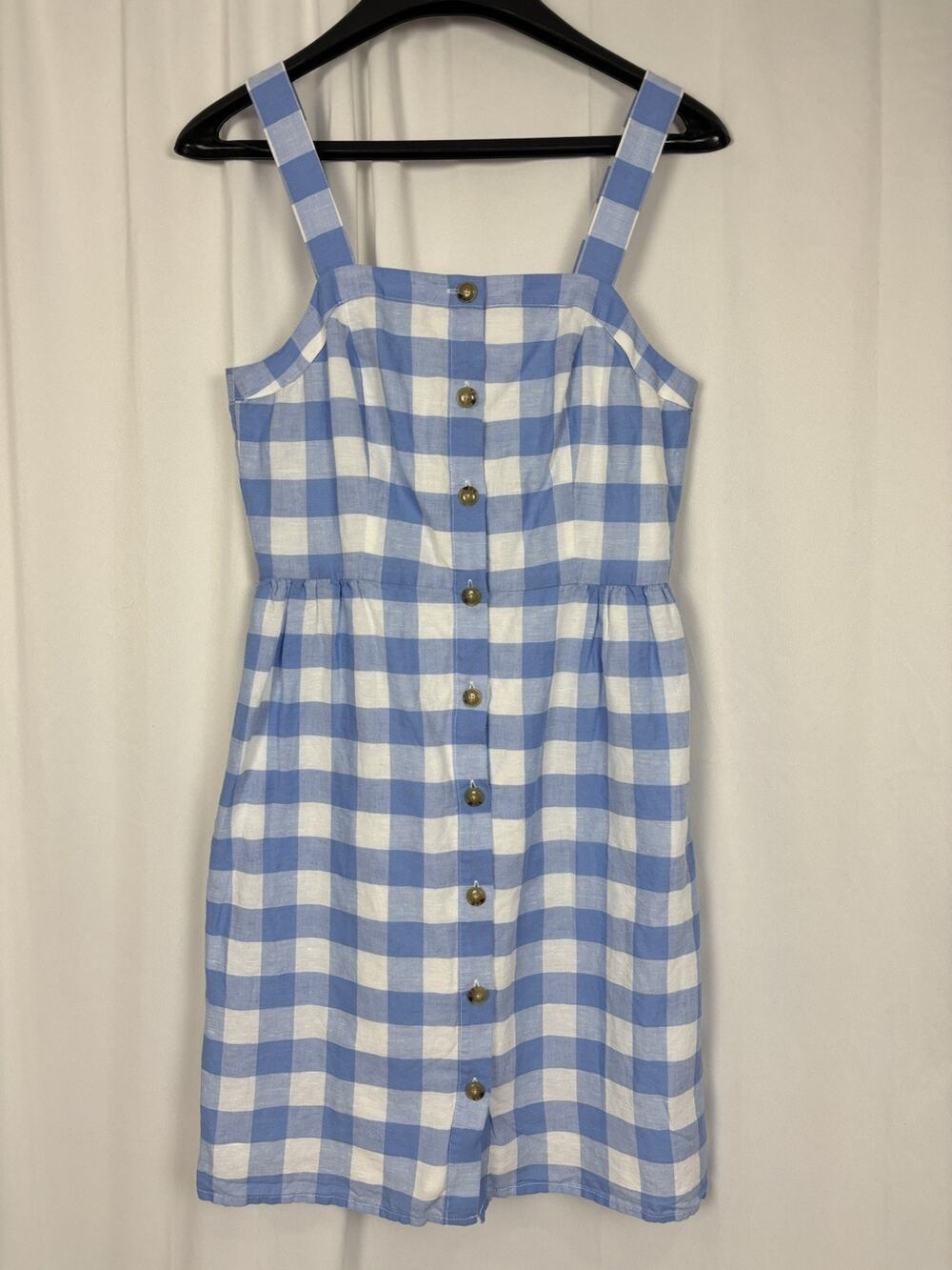 J. Crew Dress Blue White Gingham Print Button Front Linen Size 0 Cottagecore